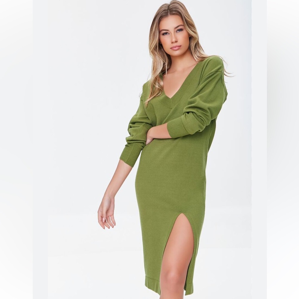 Forever21 Ribbed Trimmed Sweater Dress - Parrot Green, Size Small🤍